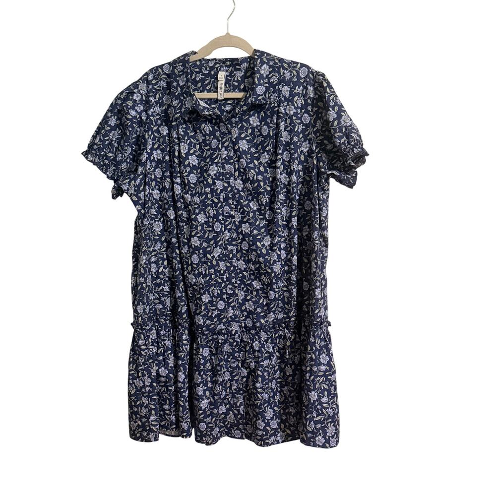 Belle Poque Blue Floral Cotton Button Front Babydoll Silhouette Mini Dress 1X